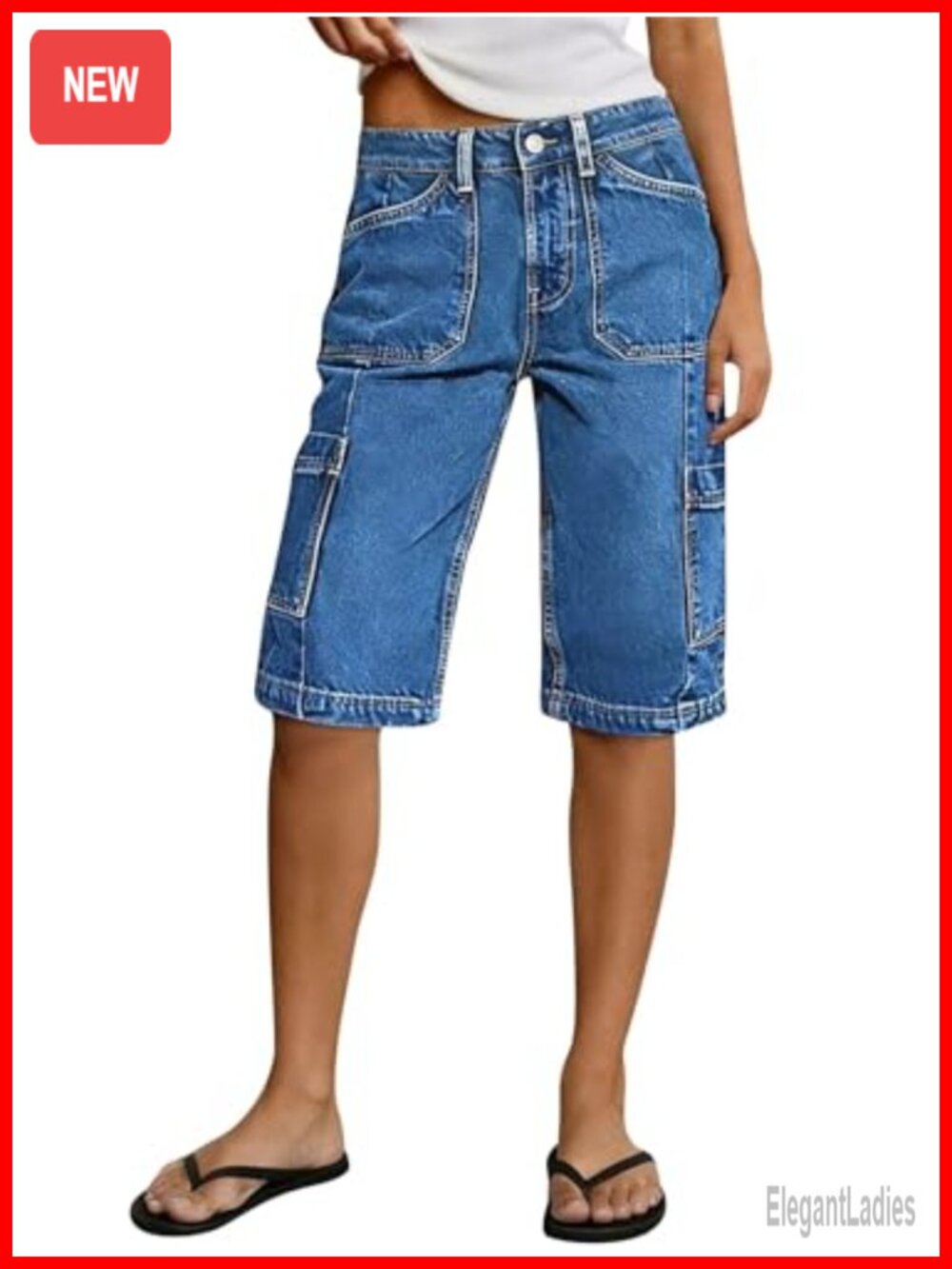 Mid Rise Denim Bermuda Shorts Cargo Pocket Side Casual Comfort